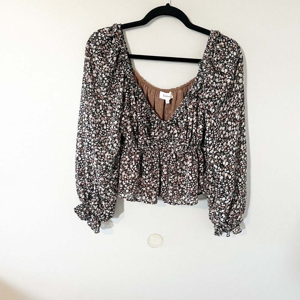 Bohme Floral Peplum Top Black Cottagecore Boho Puff Sleeve Blouse Small NEW